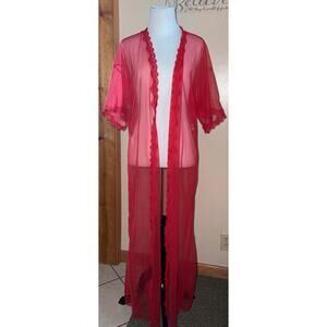 Vintage long lightweight lace lingerie red robe- size M